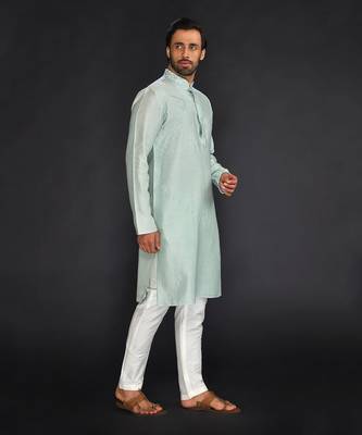 Sea Green Pure Chanderi Emb. Kurta With Off White Chudidar 4