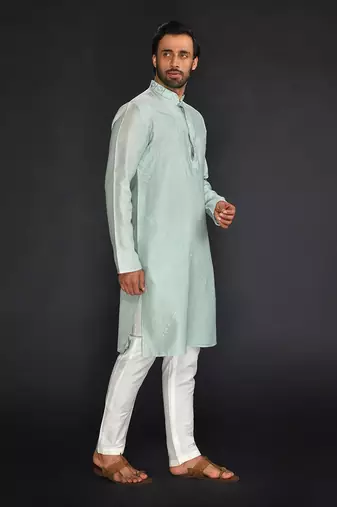 Sea Green Pure Chanderi Emb. Kurta With Off White Chudidar