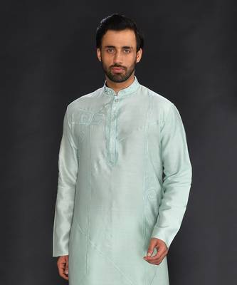 Sea Green Pure Chanderi Emb. Kurta With Off White Chudidar 5