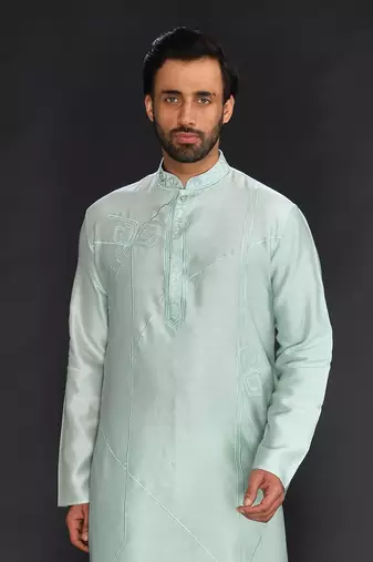 Sea Green Pure Chanderi Emb. Kurta With Off White Chudidar