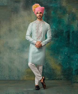 Sea Green Pure Chanderi Emb. Kurta With Off White Chudidar 1