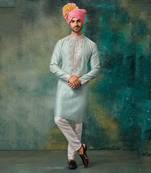 Sea Green Pure Chanderi Emb. Kurta With Off White Chudidar