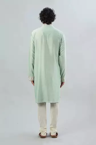 Sea Green Pure Chanderi Emb. Kurta With Off White Chudidar