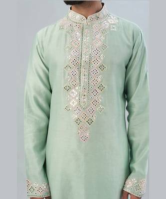 Sea Green Pure Chanderi Emb. Kurta With Off White Chudidar 3