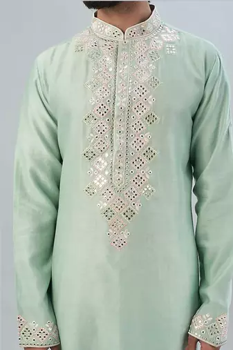 Sea Green Pure Chanderi Emb. Kurta With Off White Chudidar
