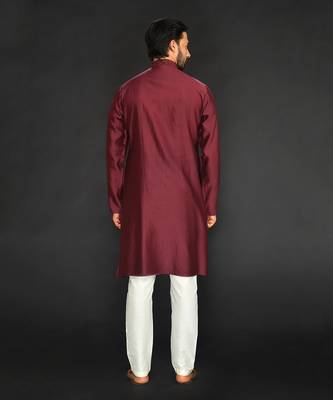 Maroon Pure Chanderi Emb. Kurta With Off White Chudidar 2