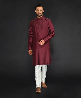 Maroon Pure Chanderi Emb. Kurta With Off White Chudidar 1