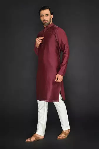 Maroon Pure Chanderi Emb. Kurta With Off White Chudidar