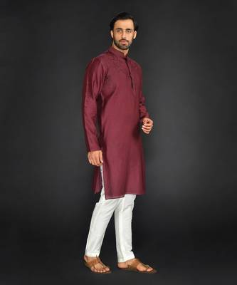 Maroon Pure Chanderi Emb. Kurta With Off White Chudidar 4