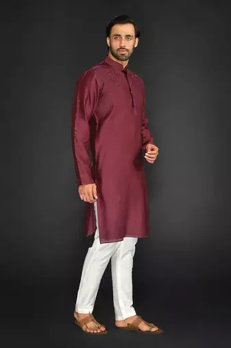 Maroon Pure Chanderi Emb. Kurta With Off White Chudidar