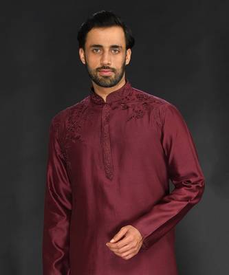 Maroon Pure Chanderi Emb. Kurta With Off White Chudidar 5