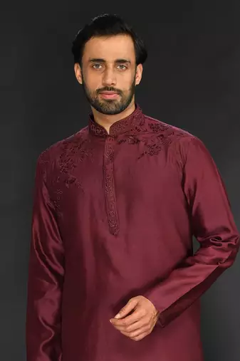 Maroon Pure Chanderi Emb. Kurta With Off White Chudidar