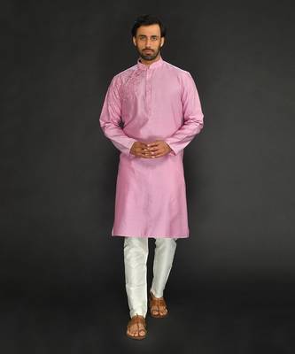 Lilac Pure Chanderi Emb. Kurta With Off White Chudidar 1