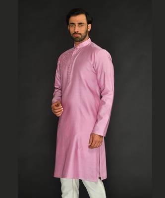 Lilac Pure Chanderi Emb. Kurta With Off White Chudidar 3