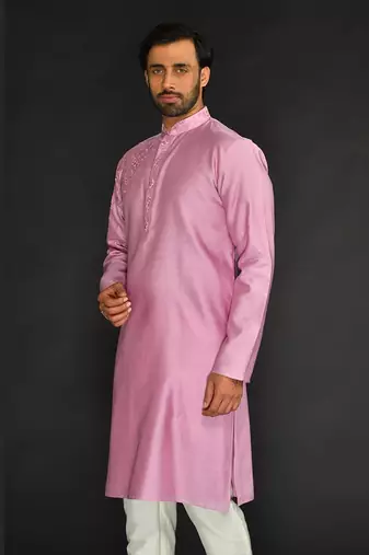Lilac Pure Chanderi Emb. Kurta With Off White Chudidar