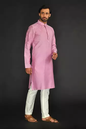 Lilac Pure Chanderi Emb. Kurta With Off White Chudidar
