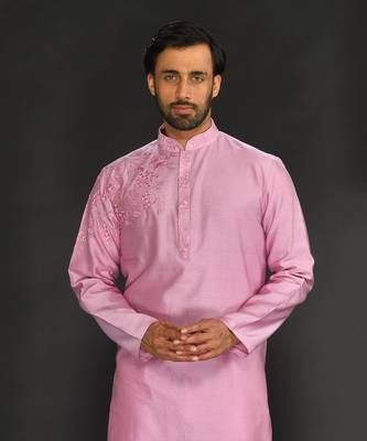 Lilac Pure Chanderi Emb. Kurta With Off White Chudidar 5