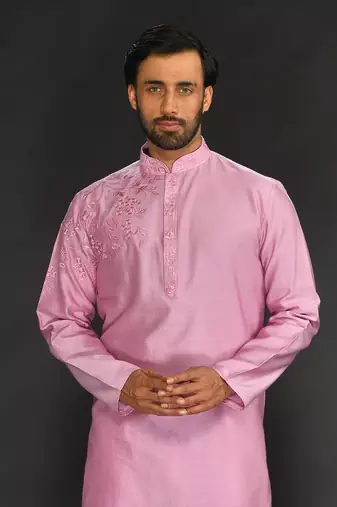 Lilac Pure Chanderi Emb. Kurta With Off White Chudidar