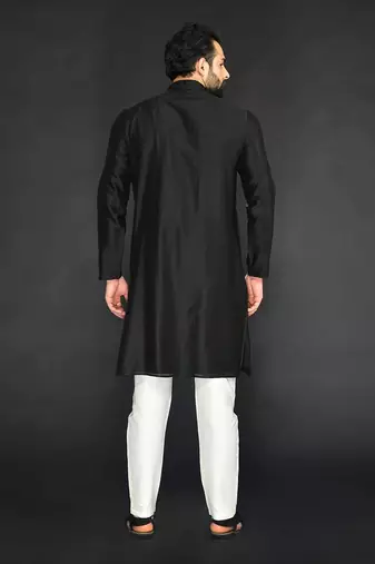 Black Pure Chanderi Emb. Kurta With Off White Chudidar