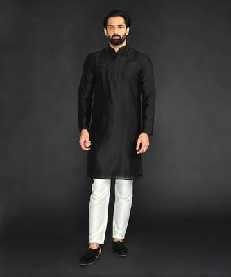 Black Pure Chanderi Emb. Kurta With Off White Chudidar 1
