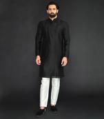 Black Pure Chanderi Emb. Kurta With Off White Chudidar