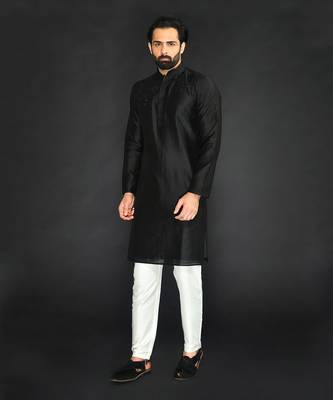 Black Pure Chanderi Emb. Kurta With Off White Chudidar 3