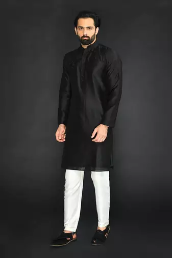 Black Pure Chanderi Emb. Kurta With Off White Chudidar