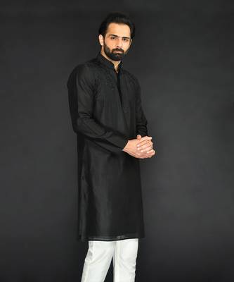 Black Pure Chanderi Emb. Kurta With Off White Chudidar 4