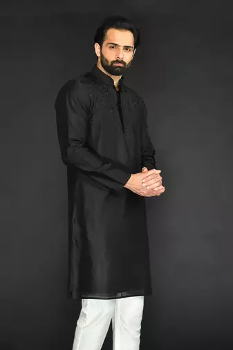 Black Pure Chanderi Emb. Kurta With Off White Chudidar