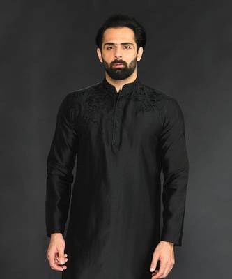 Black Pure Chanderi Emb. Kurta With Off White Chudidar 5