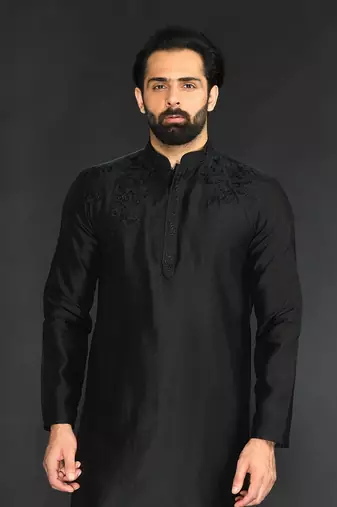 Black Pure Chanderi Emb. Kurta With Off White Chudidar