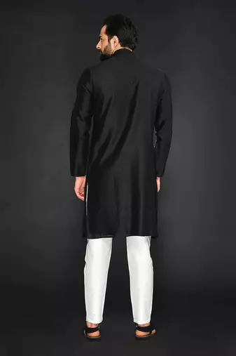 Black Pure Chanderi Emb. Kurta With Off White Chudidar