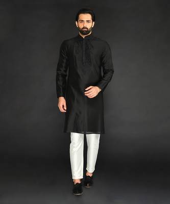 Black Pure Chanderi Emb. Kurta With Off White Chudidar 1