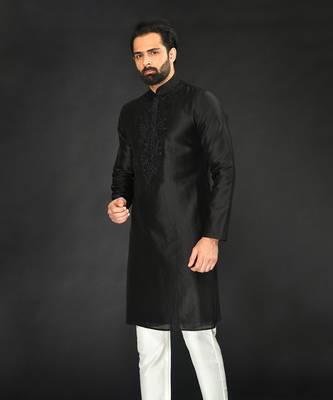 Black Pure Chanderi Emb. Kurta With Off White Chudidar 3
