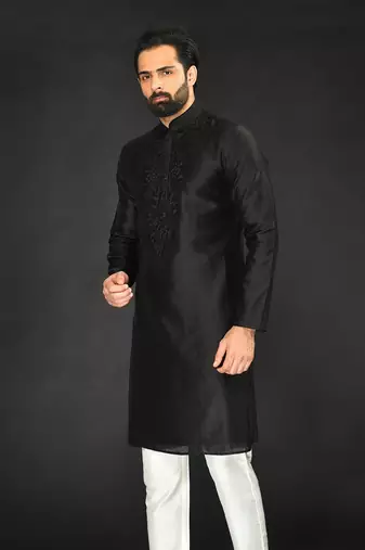 Black Pure Chanderi Emb. Kurta With Off White Chudidar