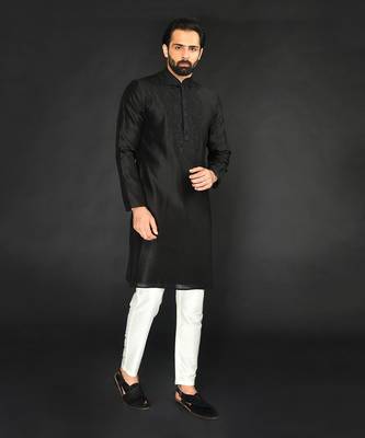 Black Pure Chanderi Emb. Kurta With Off White Chudidar 4