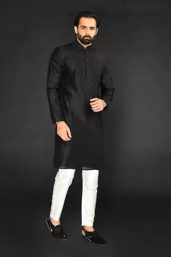 Black Pure Chanderi Emb. Kurta With Off White Chudidar