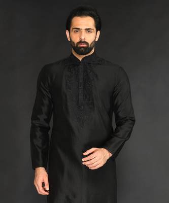 Black Pure Chanderi Emb. Kurta With Off White Chudidar 5