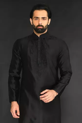 Black Pure Chanderi Emb. Kurta With Off White Chudidar