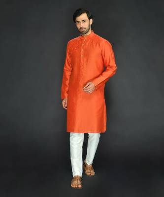 Rust Pure Chanderi Emb. Kurta With Off White Chudidar 1