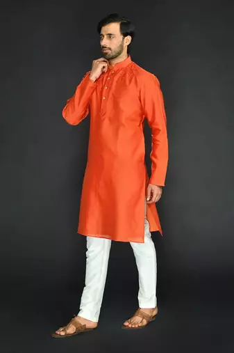 Rust Pure Chanderi Emb. Kurta With Off White Chudidar