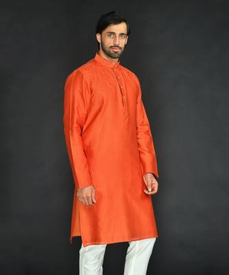 Rust Pure Chanderi Emb. Kurta With Off White Chudidar 4