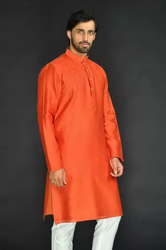 Rust Pure Chanderi Emb. Kurta With Off White Chudidar