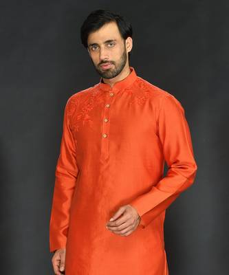 Rust Pure Chanderi Emb. Kurta With Off White Chudidar 5