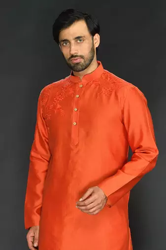 Rust Pure Chanderi Emb. Kurta With Off White Chudidar