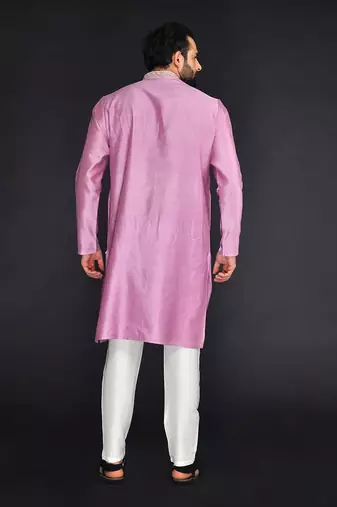 Purple Pure Chanderi Emb. Kurta With Off White Chudidar