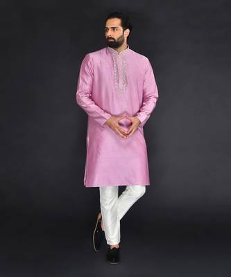 Purple Pure Chanderi Emb. Kurta With Off White Chudidar 1