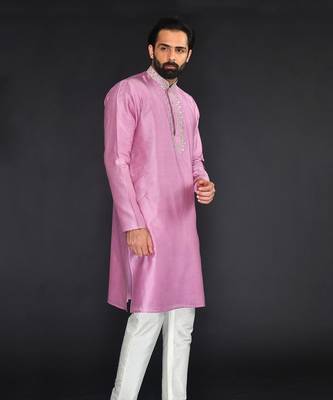 Purple Pure Chanderi Emb. Kurta With Off White Chudidar 3