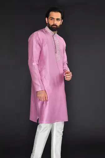 Purple Pure Chanderi Emb. Kurta With Off White Chudidar