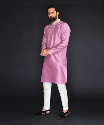 Purple Pure Chanderi Emb. Kurta With Off White Chudidar 4